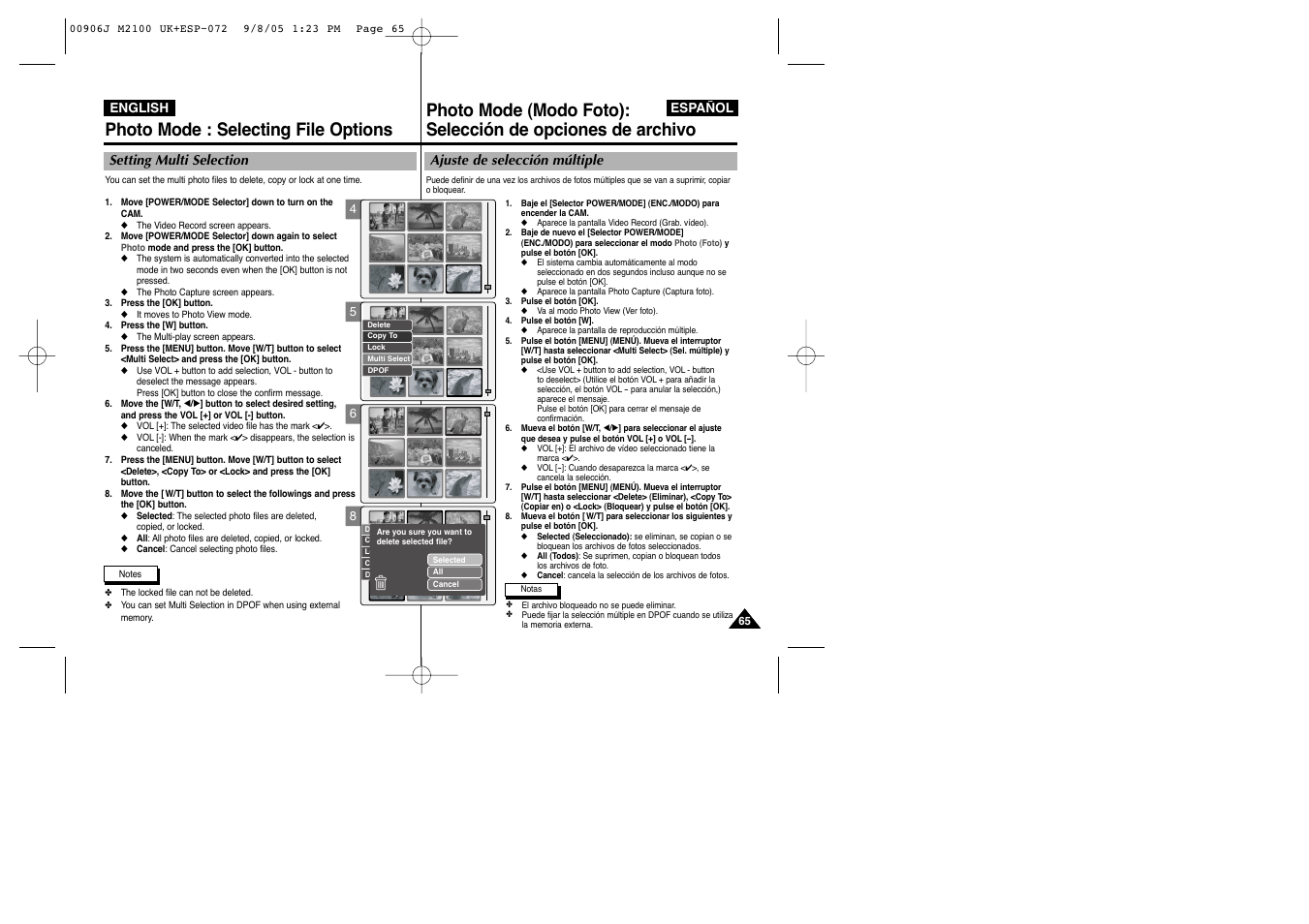 Photo mode : selecting file options | Samsung VP-M2100S User Manual | Page 65 / 134