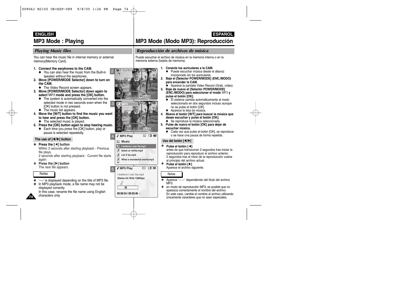 Mp3 mode : playing, Mp3 mode (modo mp3): reproducción | Samsung VP-M2100S User Manual | Page 74 / 134