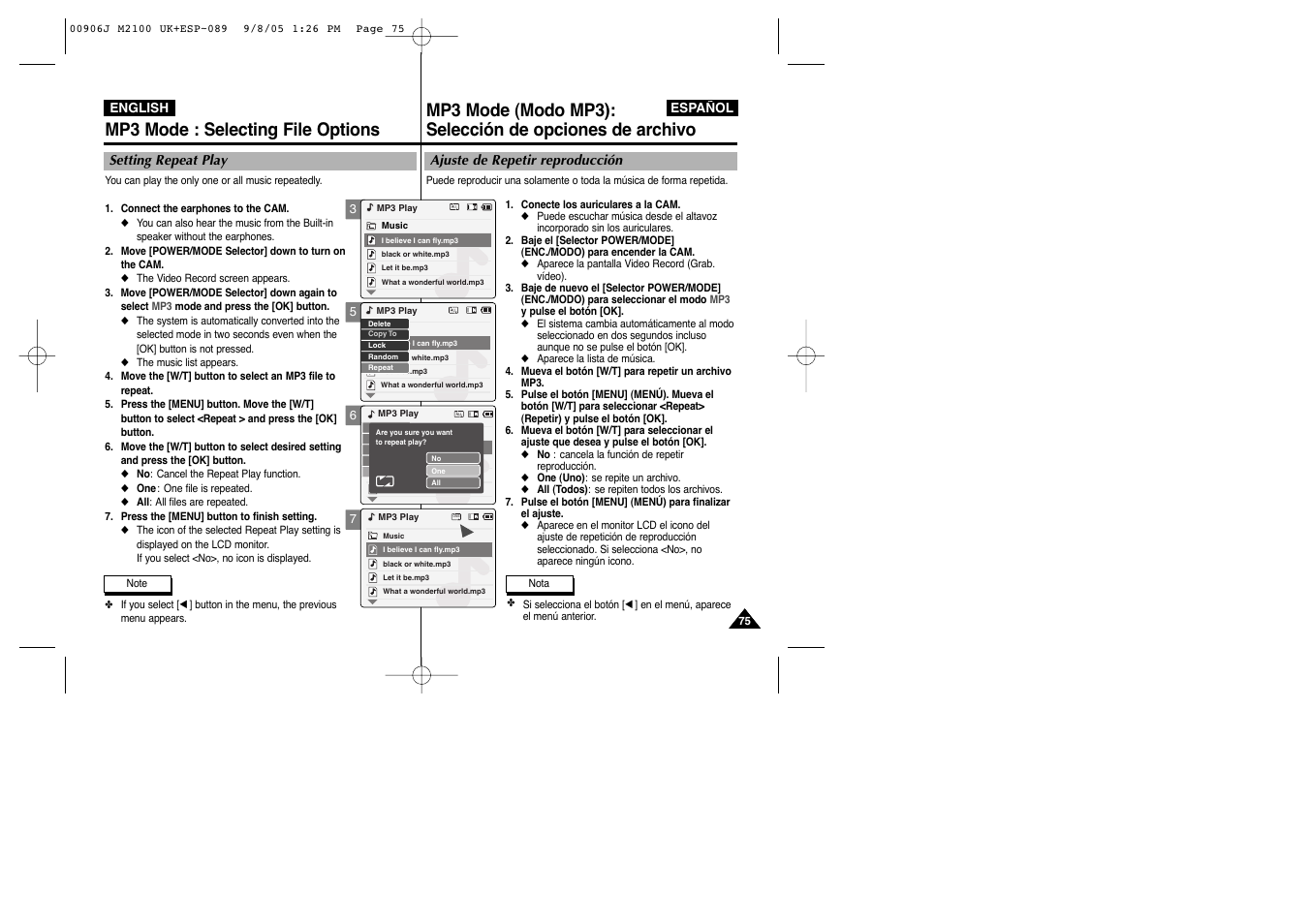 Mp3 mode : selecting file options | Samsung VP-M2100S User Manual | Page 75 / 134