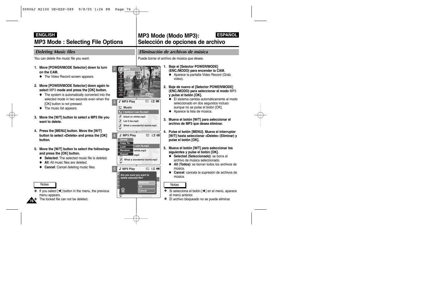 Mp3 mode : selecting file options | Samsung VP-M2100S User Manual | Page 76 / 134