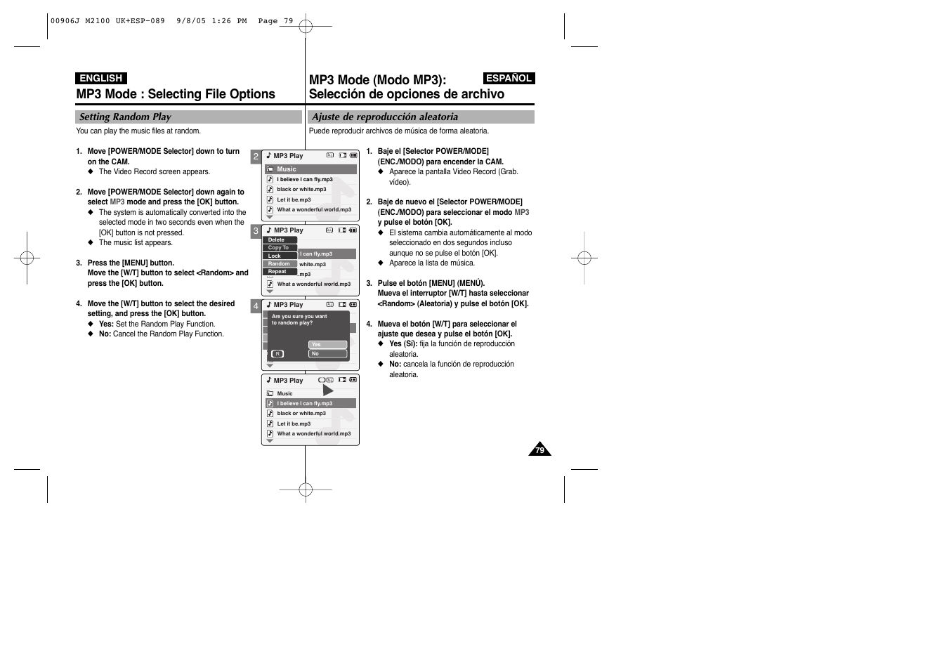 Mp3 mode : selecting file options | Samsung VP-M2100S User Manual | Page 79 / 134