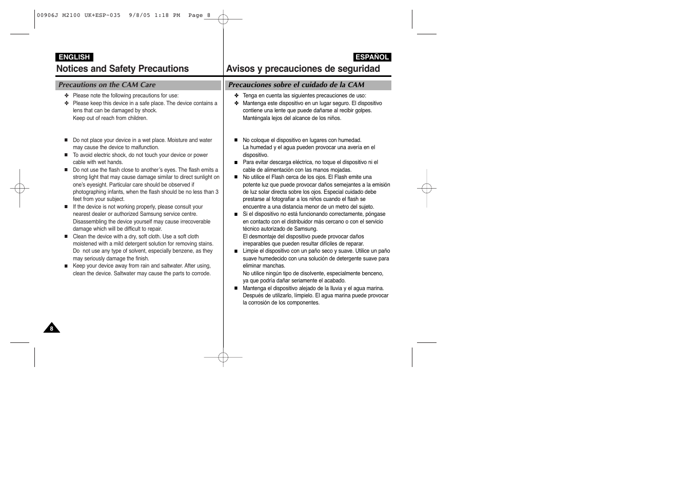 Notices and safety precautions, Avisos y precauciones de seguridad | Samsung VP-M2100S User Manual | Page 8 / 134