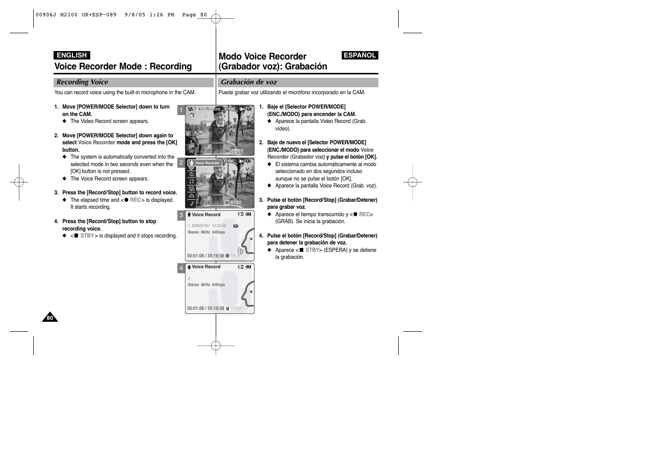 Voice recorder mode : recording, Modo voice recorder (grabador voz): grabación | Samsung VP-M2100S User Manual | Page 80 / 134