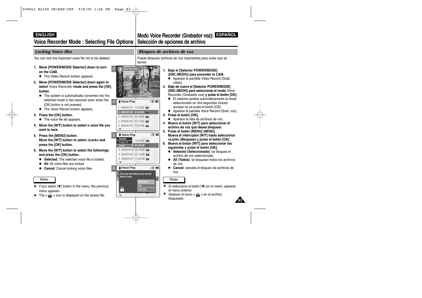 Voice recorder mode : selecting file options | Samsung VP-M2100S User Manual | Page 83 / 134