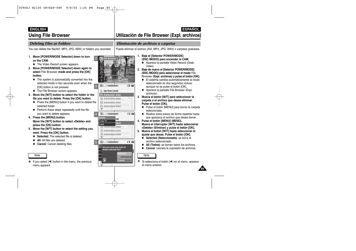 Using file browser, Utilización de file browser (expl. archivos) | Samsung VP-M2100S User Manual | Page 85 / 134