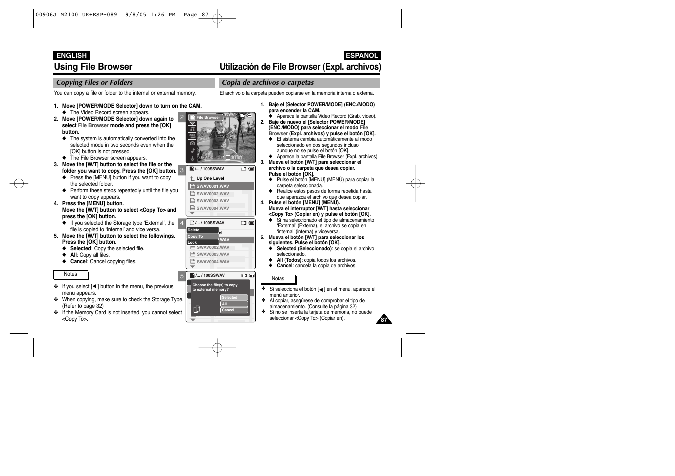 Using file browser, Utilización de file browser (expl. archivos) | Samsung VP-M2100S User Manual | Page 87 / 134