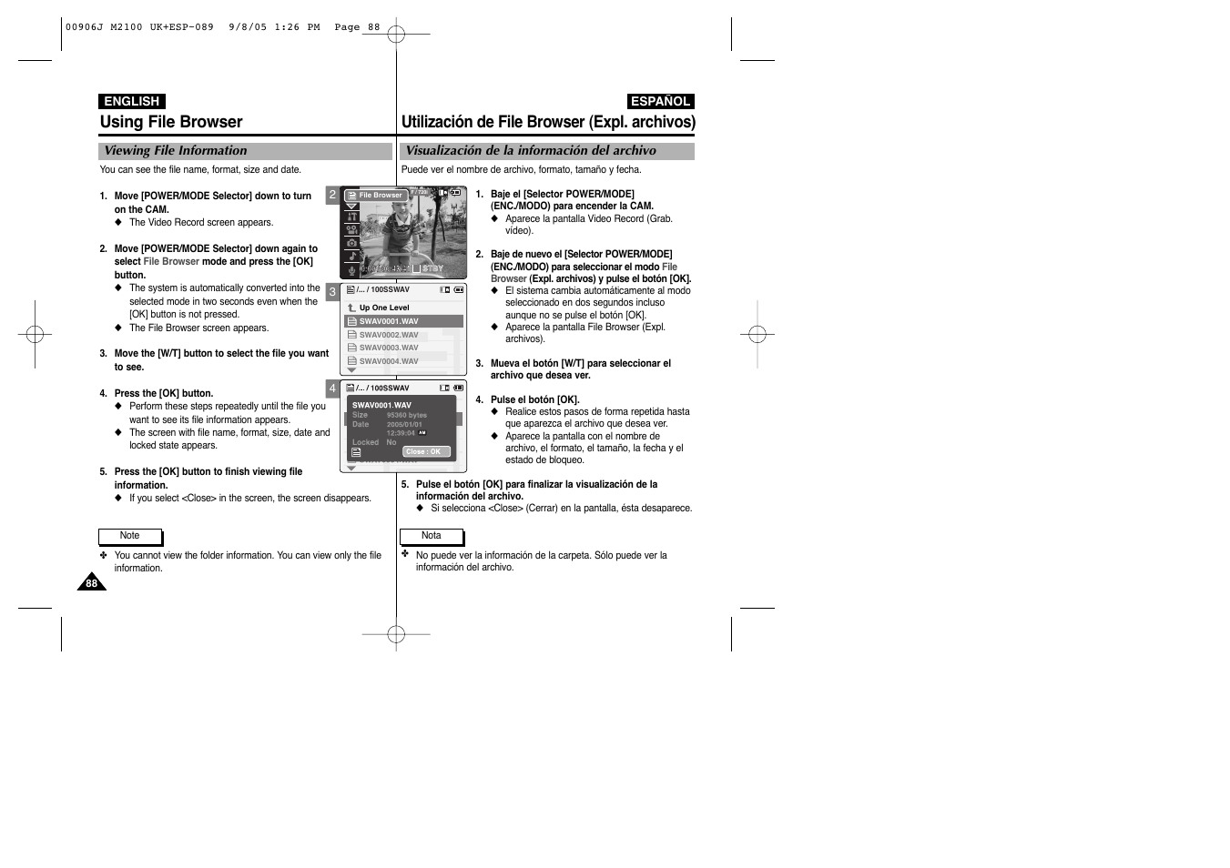 Using file browser, Utilización de file browser (expl. archivos) | Samsung VP-M2100S User Manual | Page 88 / 134