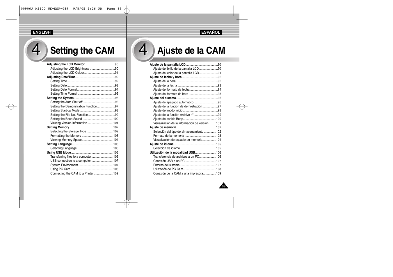 Setting the cam, Ajuste de la cam | Samsung VP-M2100S User Manual | Page 89 / 134