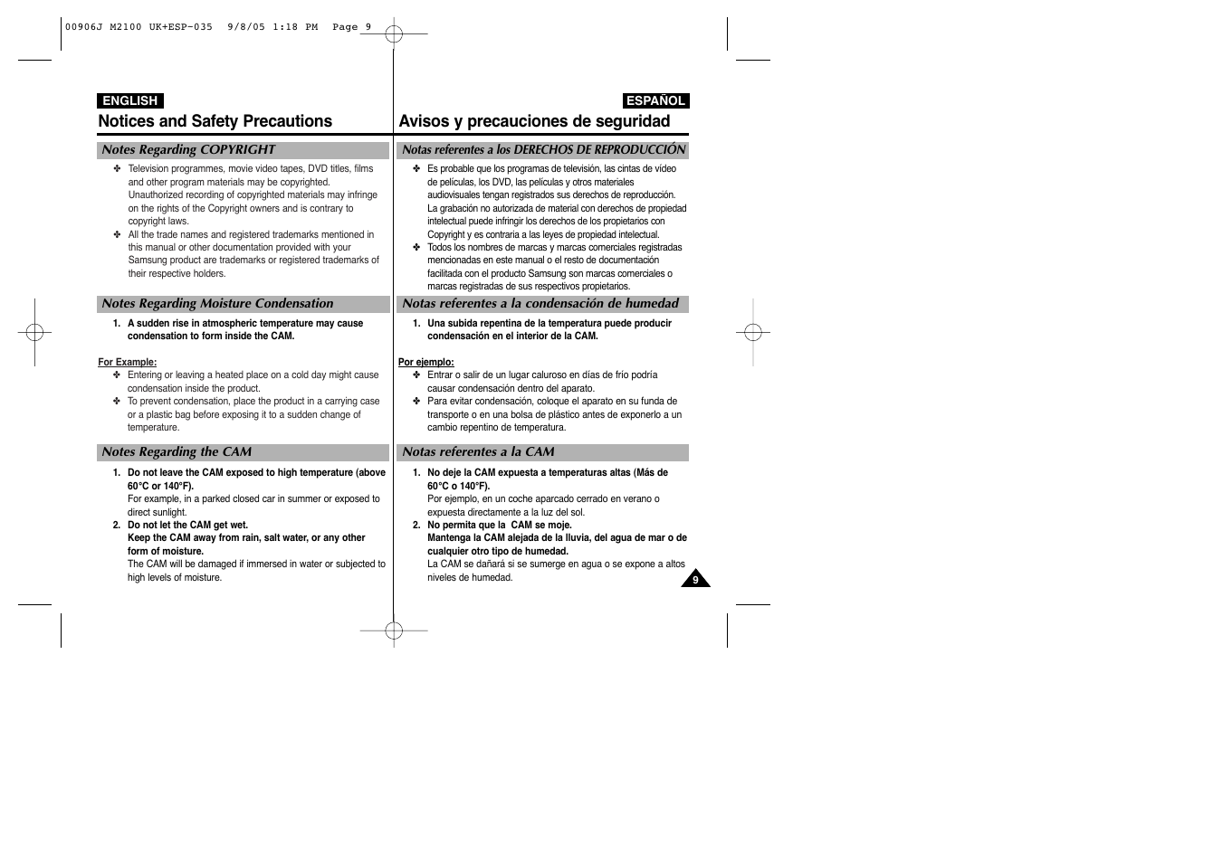 Notices and safety precautions, Avisos y precauciones de seguridad | Samsung VP-M2100S User Manual | Page 9 / 134