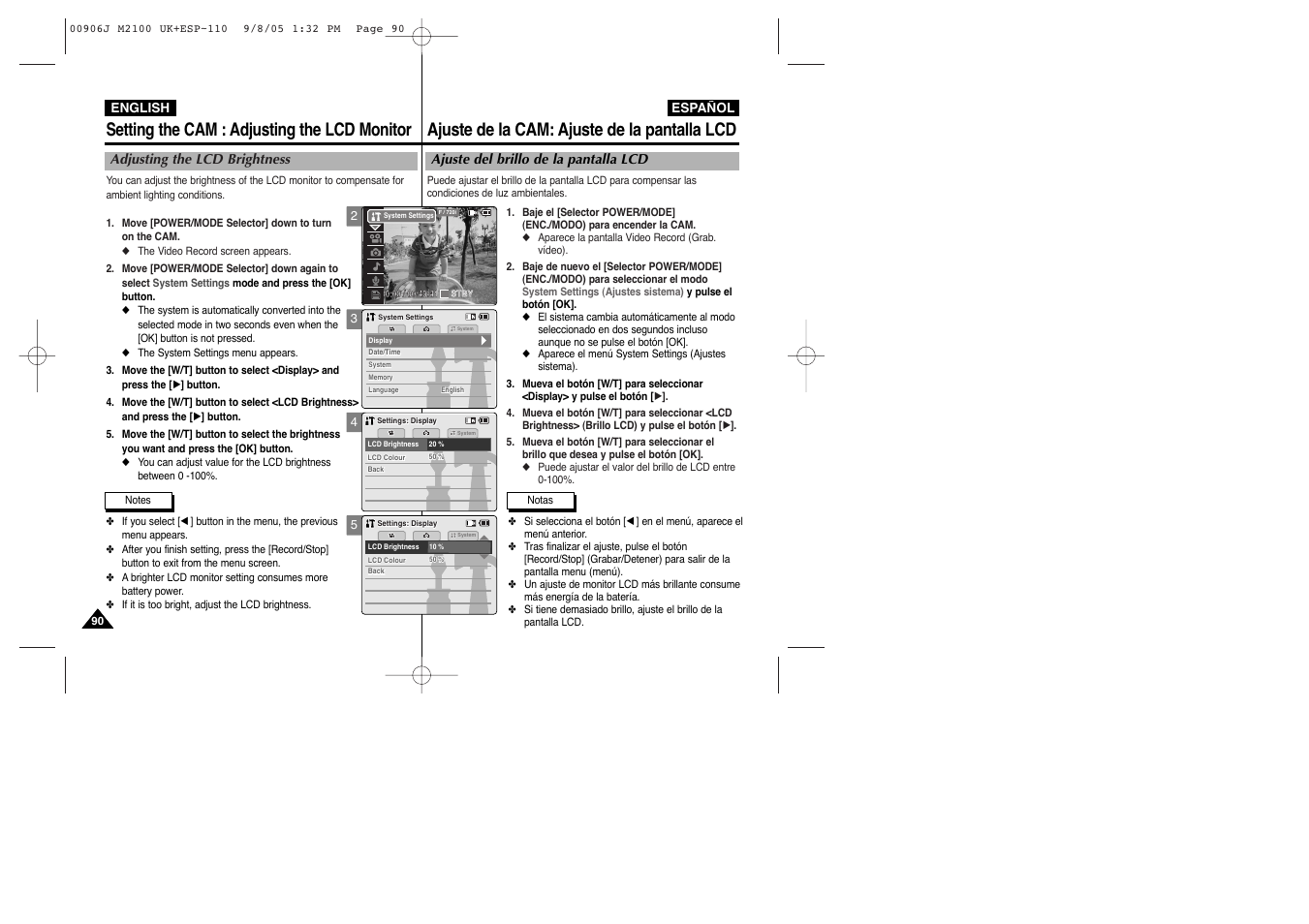 Setting the cam : adjusting the lcd monitor, Ajuste de la cam: ajuste de la pantalla lcd | Samsung VP-M2100S User Manual | Page 90 / 134