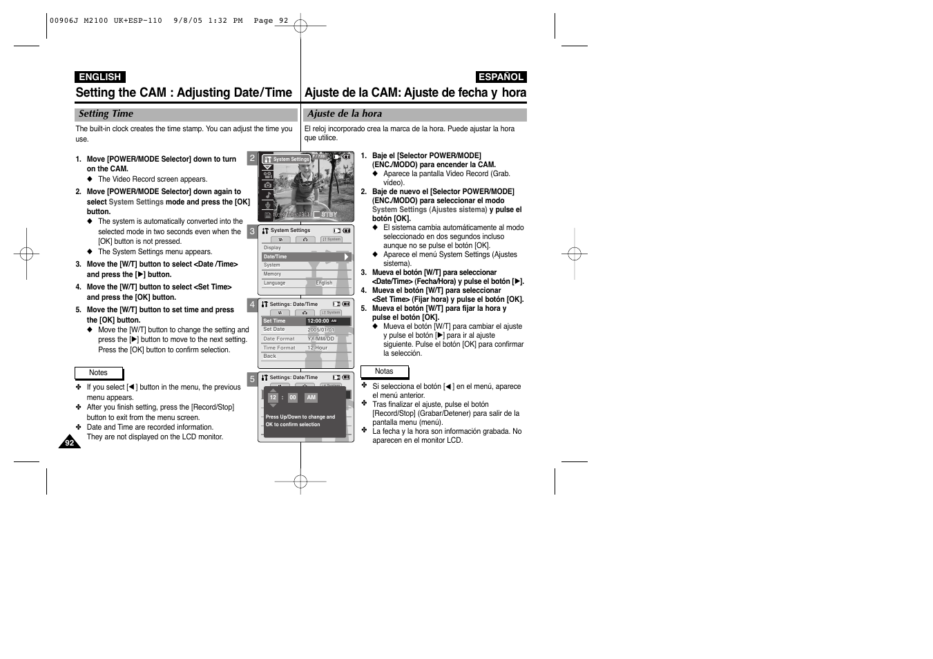 Setting the cam : adjusting date/time, Ajuste de la cam: ajuste de fecha y hora | Samsung VP-M2100S User Manual | Page 92 / 134