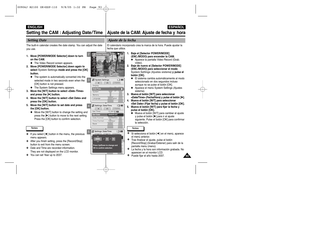 Setting the cam : adjusting date/time, Ajuste de la cam: ajuste de fecha y hora | Samsung VP-M2100S User Manual | Page 93 / 134