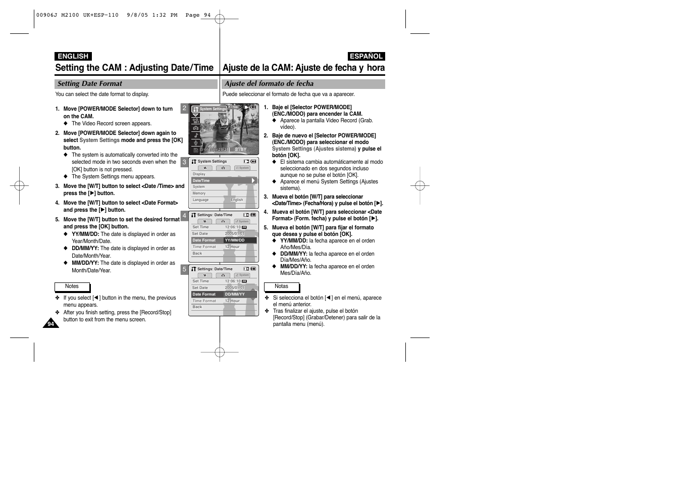 Setting the cam : adjusting date/time, Ajuste de la cam: ajuste de fecha y hora | Samsung VP-M2100S User Manual | Page 94 / 134