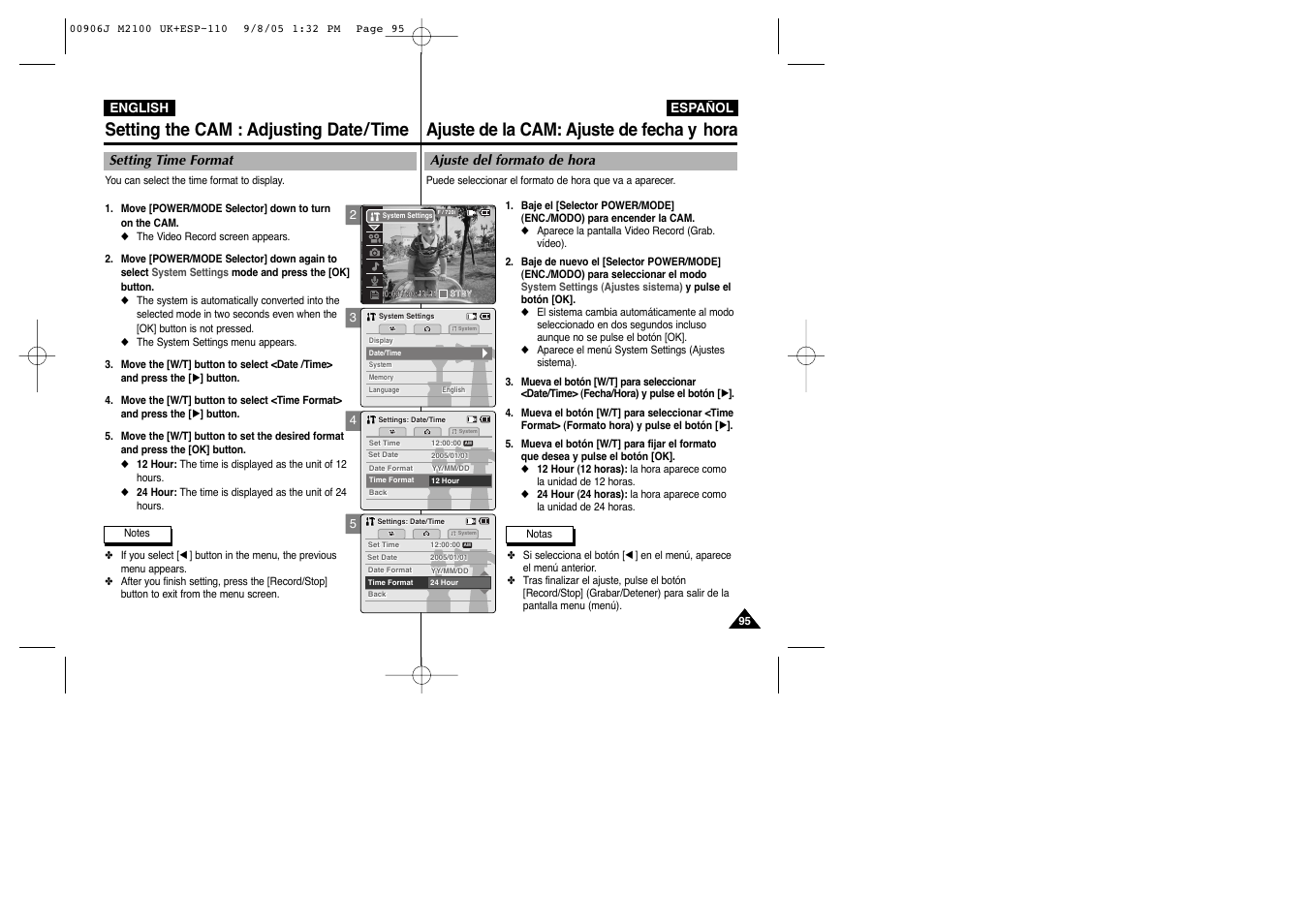 Setting the cam : adjusting date/time, Ajuste de la cam: ajuste de fecha y hora | Samsung VP-M2100S User Manual | Page 95 / 134