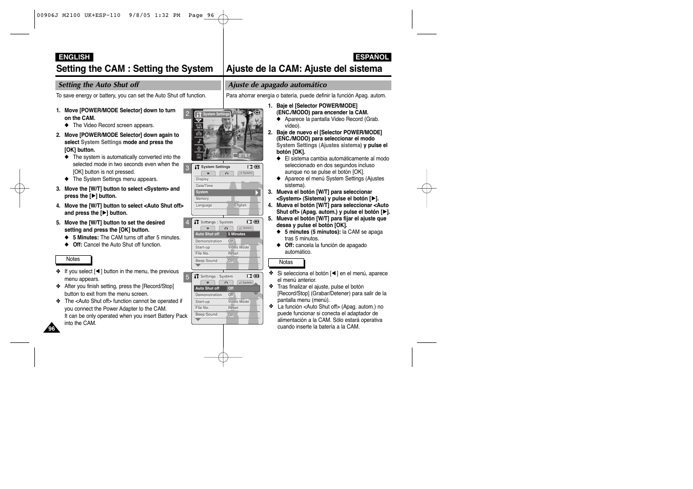 Setting the cam : setting the system, Ajuste de la cam: ajuste del sistema, Setting the auto shut off | Ajuste de apagado automático | Samsung VP-M2100S User Manual | Page 96 / 134