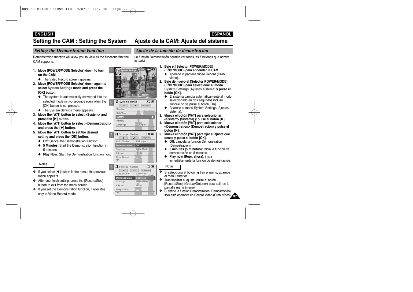 Setting the cam : setting the system, Ajuste de la cam: ajuste del sistema, Setting the demonstration function | Ajuste de la función de demostración | Samsung VP-M2100S User Manual | Page 97 / 134