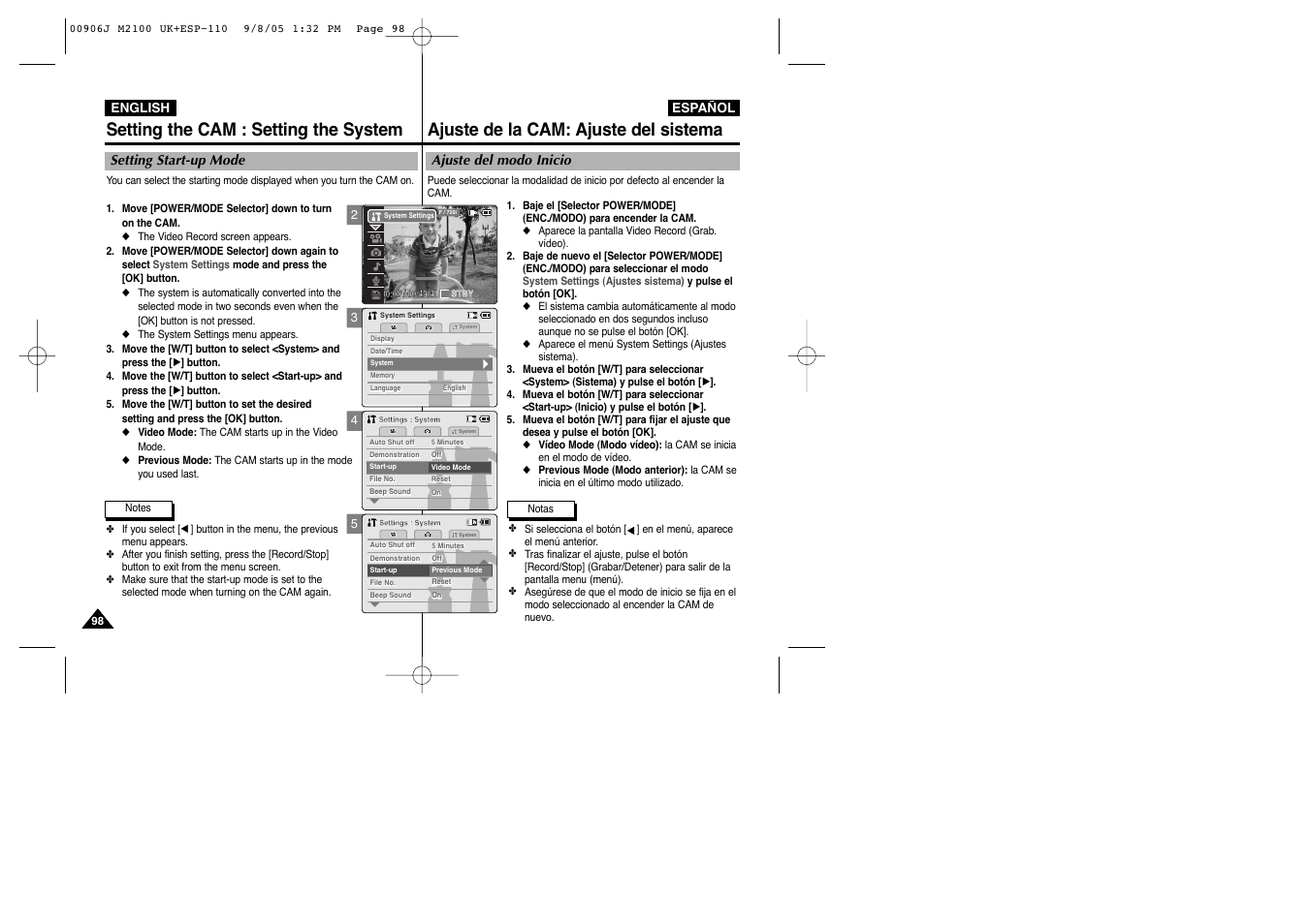 Setting the cam : setting the system, Ajuste de la cam: ajuste del sistema | Samsung VP-M2100S User Manual | Page 98 / 134