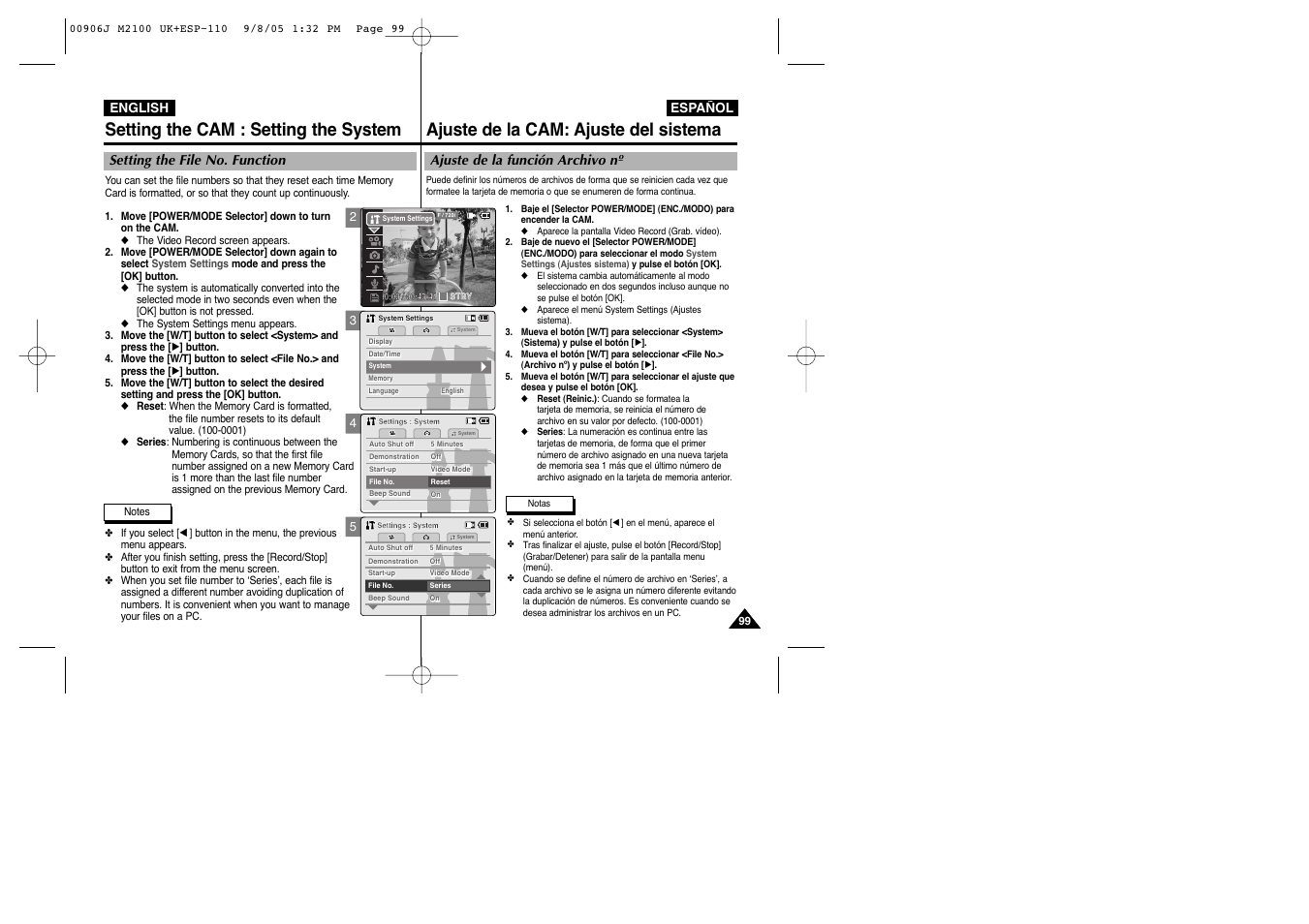 Setting the cam : setting the system, Ajuste de la cam: ajuste del sistema, Setting the file no. function | Ajuste de la función archivo nº | Samsung VP-M2100S User Manual | Page 99 / 134