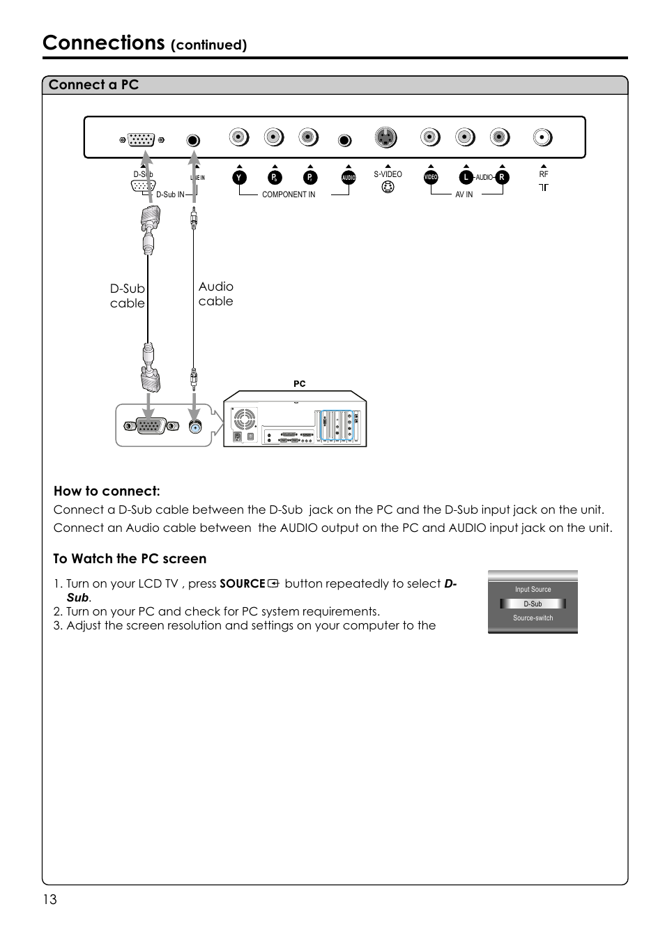 Connections, Connect a pc, Continued) how to connect | D-sub cable audio cable | Audiovox FPE1506 User Manual | Page 15 / 33