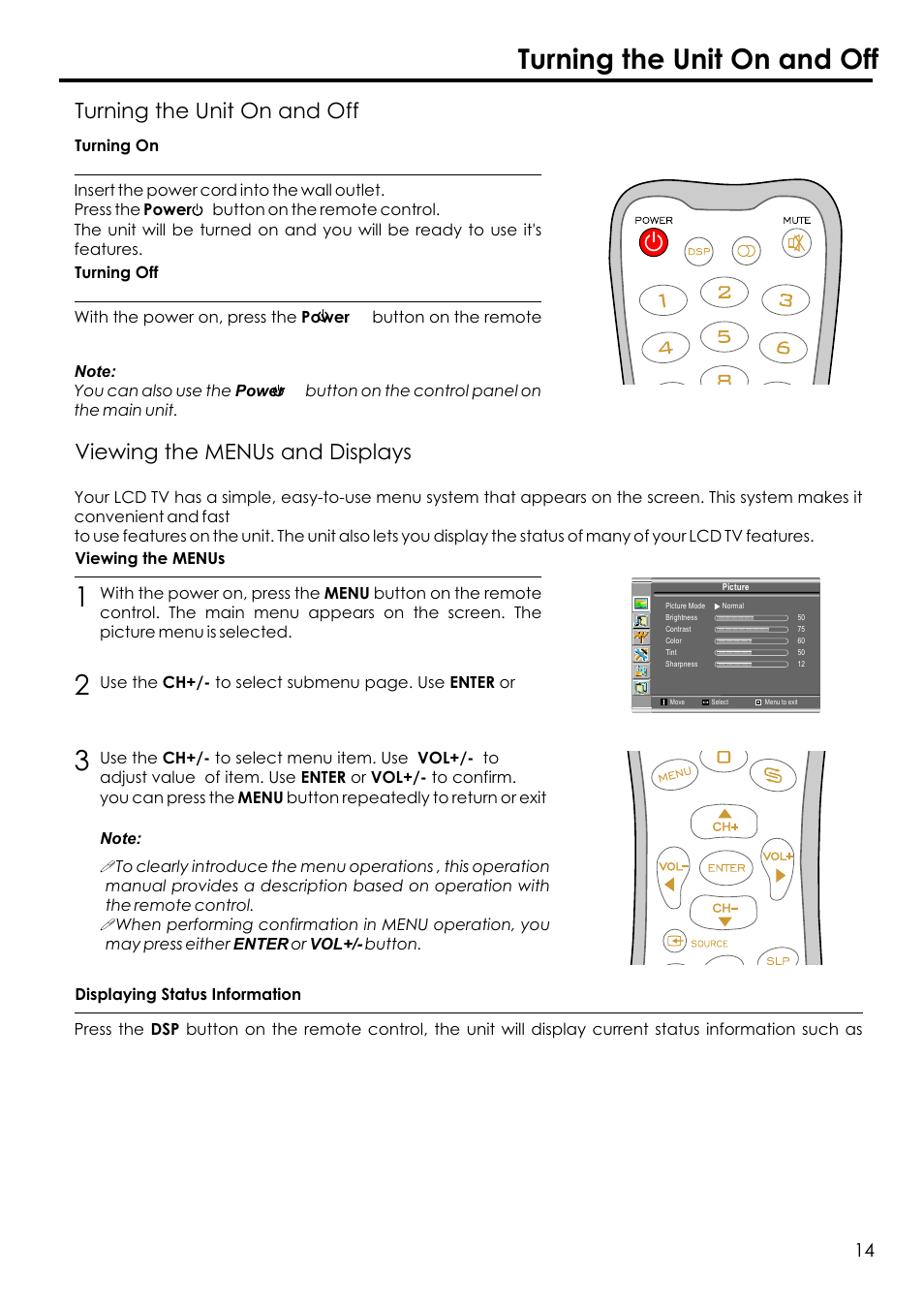 Turning the unit on and off, Viewing the menus and displays | Audiovox FPE1506 User Manual | Page 16 / 33