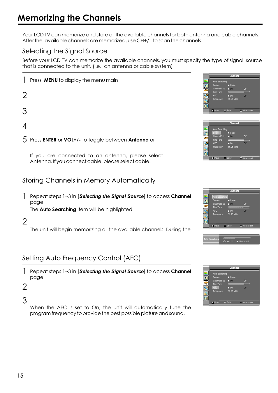 Selecting the signal source, Setting auto frequency control (afc), Press enter or vol+/- to toggle between antenna or | Audiovox FPE1506 User Manual | Page 17 / 33