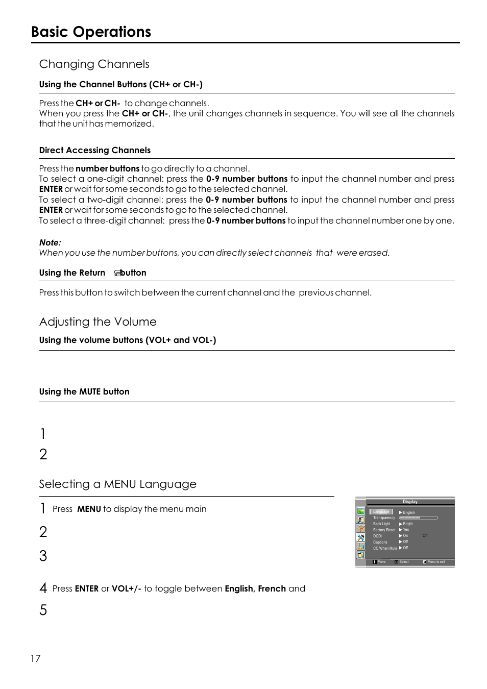 Basic operations, Changing channels, Adjusting the volume | Selecting a menu language | Audiovox FPE1506 User Manual | Page 19 / 33