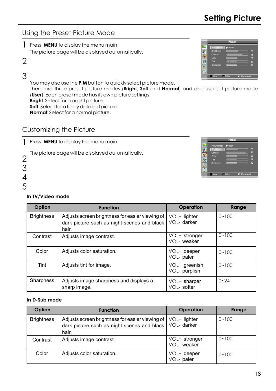 Setting picture, Customizing the picture, Using the preset picture mode | Audiovox FPE1506 User Manual | Page 20 / 33
