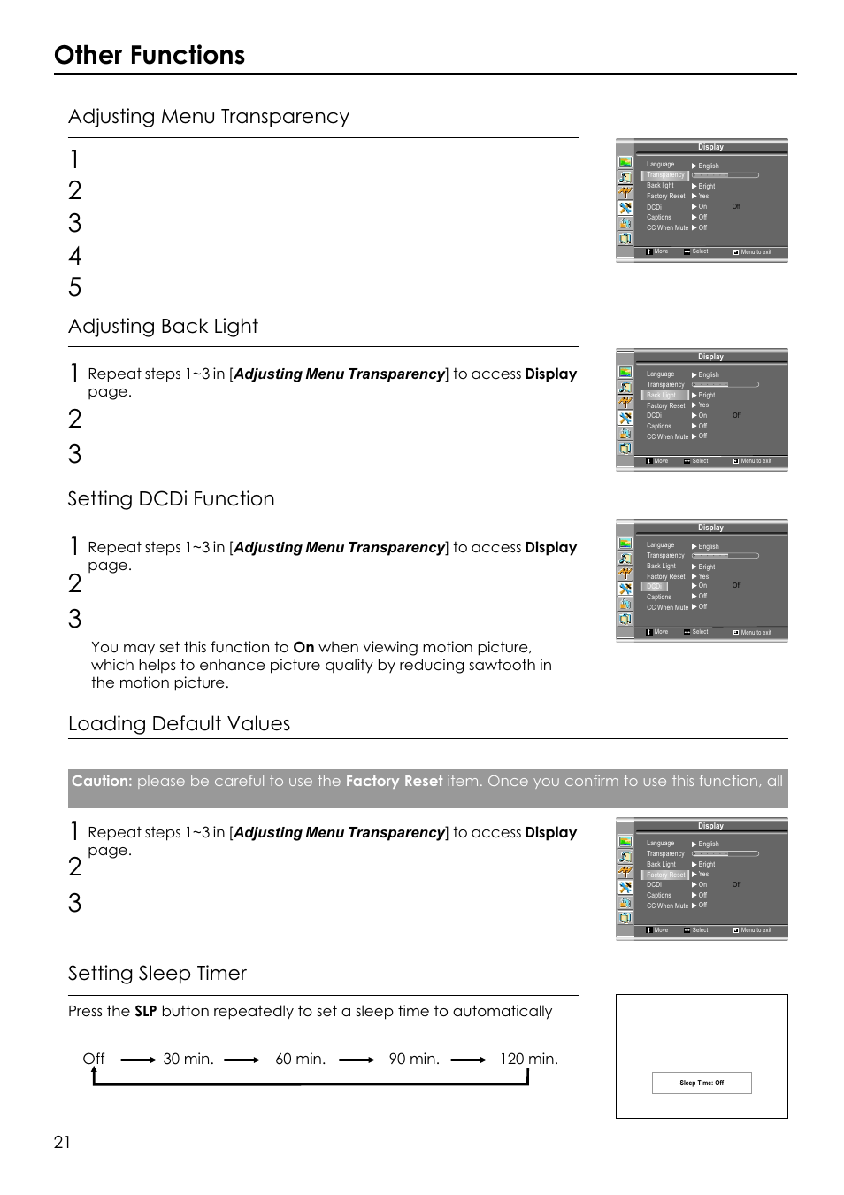 Other functions, Adjusting menu transparency loading default values, Adjusting back light | Setting sleep timer, Setting dcdi function | Audiovox FPE1506 User Manual | Page 23 / 33