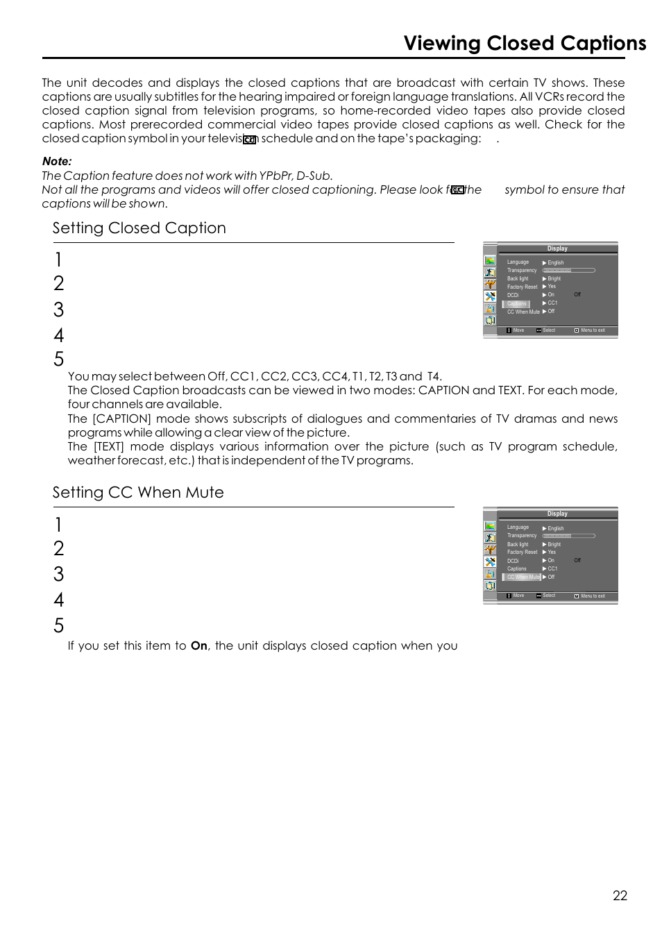 Viewing closed captions, Setting closed caption, Setting cc when mute | Audiovox FPE1506 User Manual | Page 24 / 33