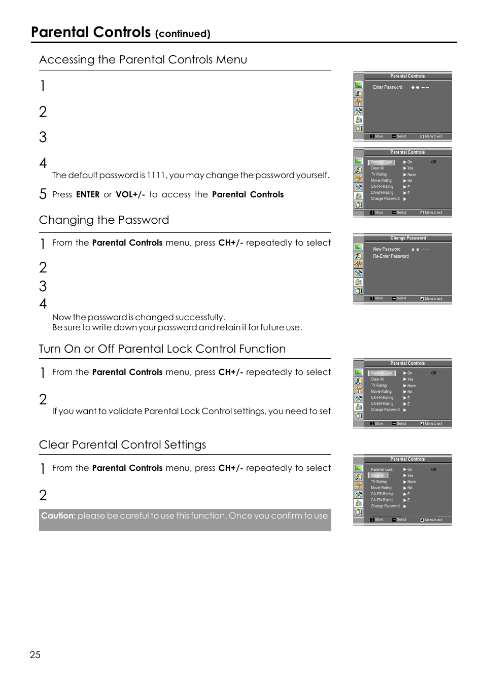 Parental controls, Accessing the parental controls menu, Changing the password | Turn on or off parental lock control function, Clear parental control settings, Continued) | Audiovox FPE1506 User Manual | Page 27 / 33