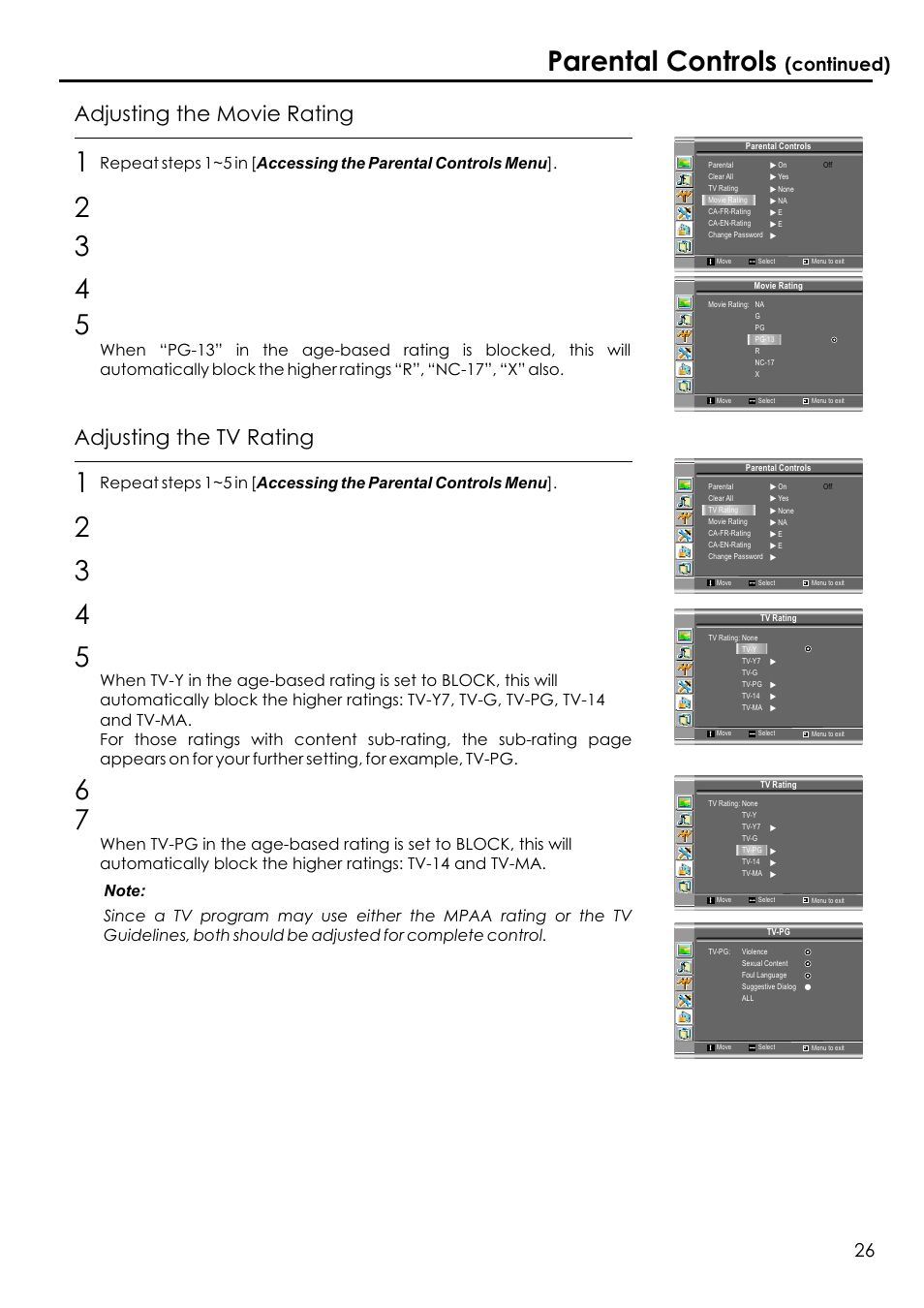 Parental controls, Adjusting the movie rating, Adjusting the tv rating | Continued) | Audiovox FPE1506 User Manual | Page 28 / 33