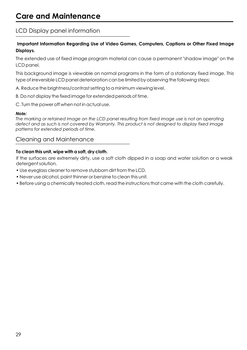 Care and maintenance, Lcd display panel information, Cleaning and maintenance | Audiovox FPE1506 User Manual | Page 31 / 33