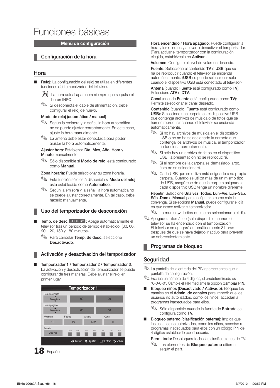 Funciones básicas, Hora, Seguridad | Samsung LE46C630K1W User Manual | Page 116 / 296