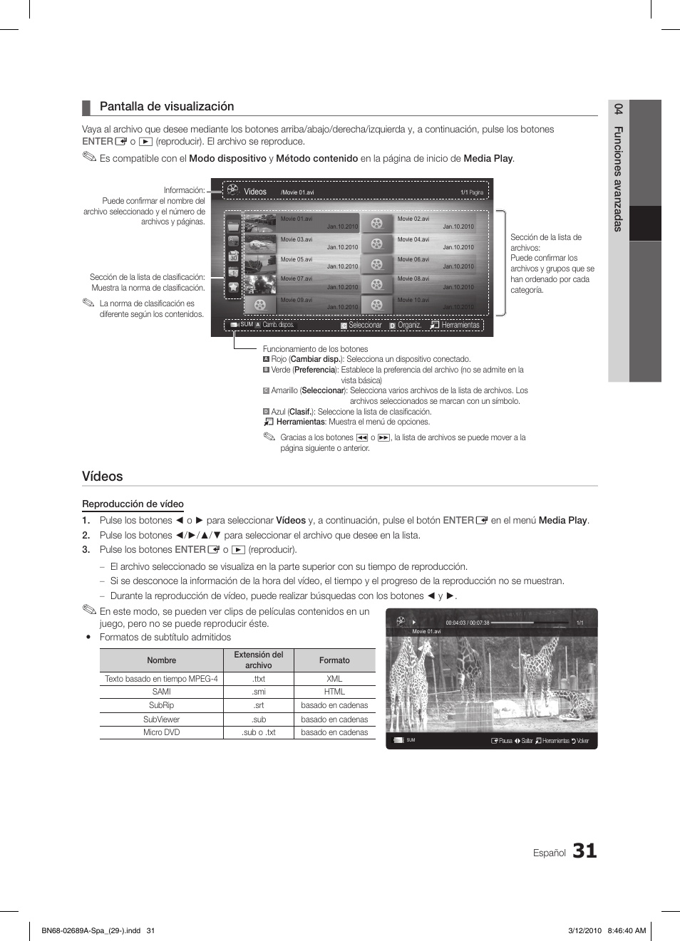 Vídeos, Pantalla de visualización | Samsung LE46C630K1W User Manual | Page 129 / 296