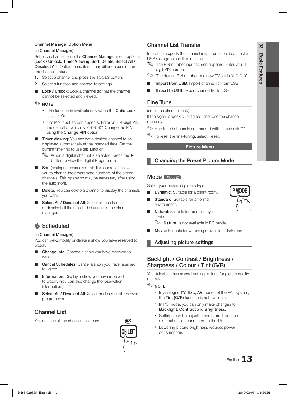 S.mode p.mode s.mode p.mode, Scheduled, Channel list | Channel list transfer, Fine tune, Mode | Samsung LE46C630K1W User Manual | Page 13 / 296