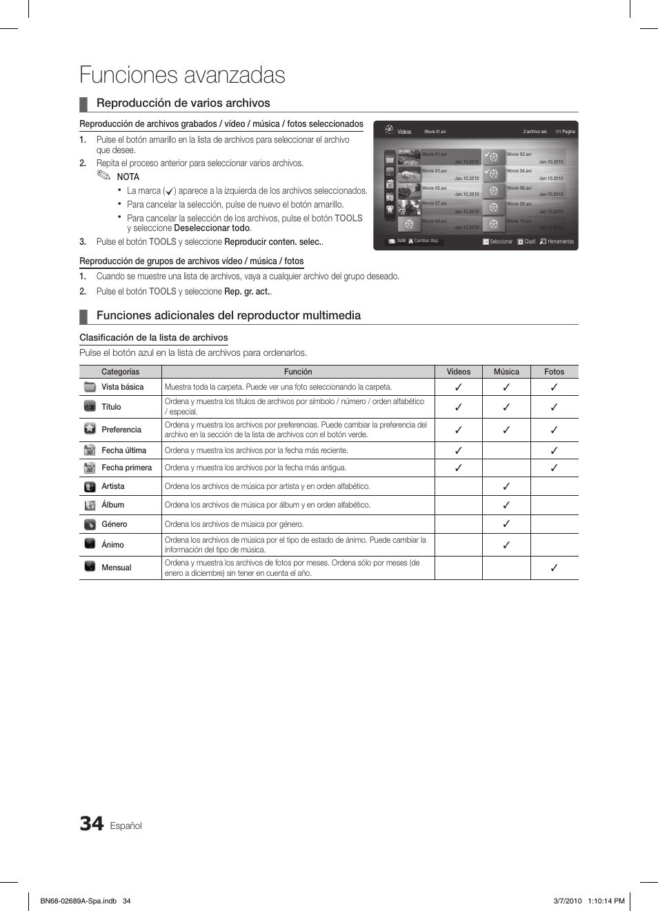 Funciones avanzadas, Reproducción de varios archivos, Funciones adicionales del reproductor multimedia | Samsung LE46C630K1W User Manual | Page 132 / 296