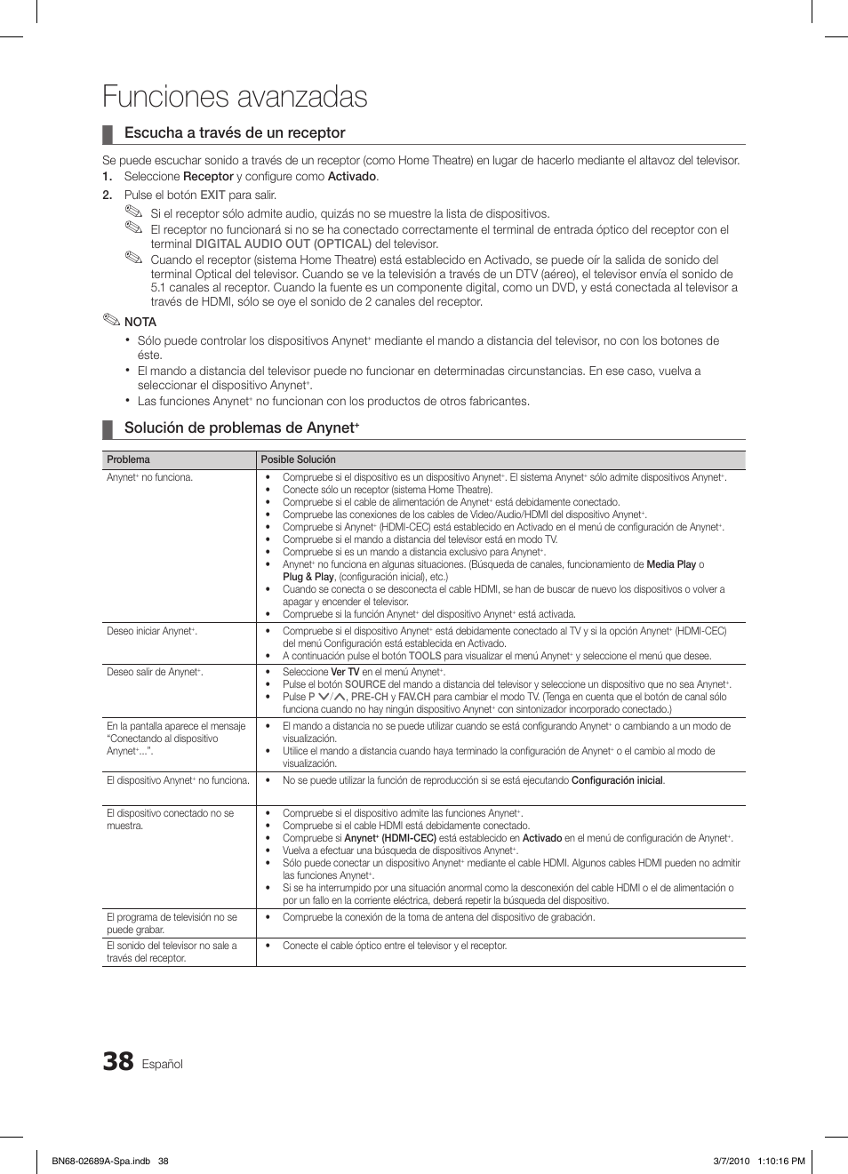 Funciones avanzadas, Escucha a través de un receptor, Solución de problemas de anynet | Samsung LE46C630K1W User Manual | Page 136 / 296