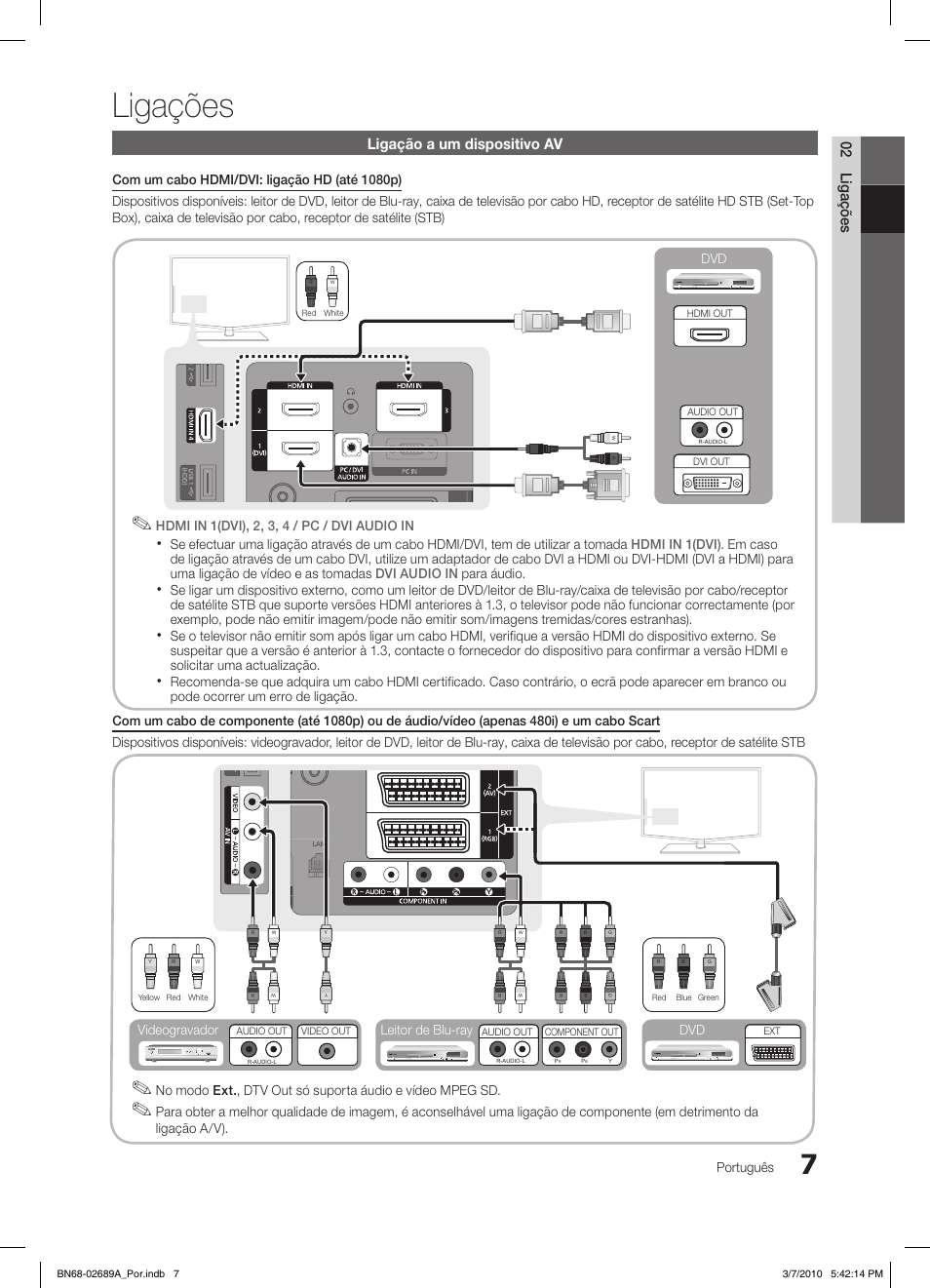 Ligações, 02 ligações, Ligação a um dispositivo av | Português, Ligação a/v), Leitor de blu-ray dvd videogravador | Samsung LE46C630K1W User Manual | Page 154 / 296