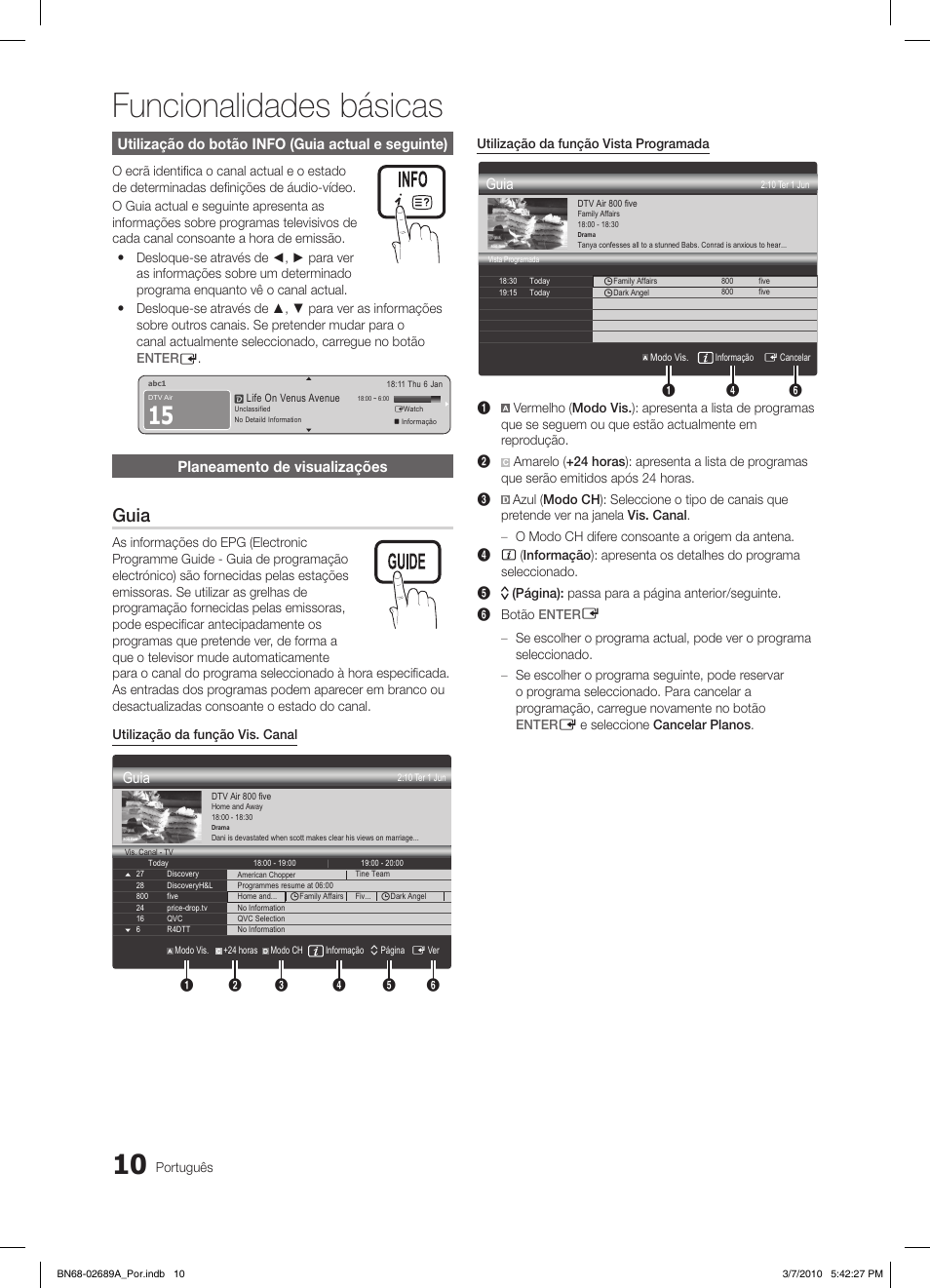 Funcionalidades básicas, S.mode p.mode s.mode p.mode, Guia | Utilização do botão info (guia actual e seguinte), Planeamento de visualizações | Samsung LE46C630K1W User Manual | Page 157 / 296