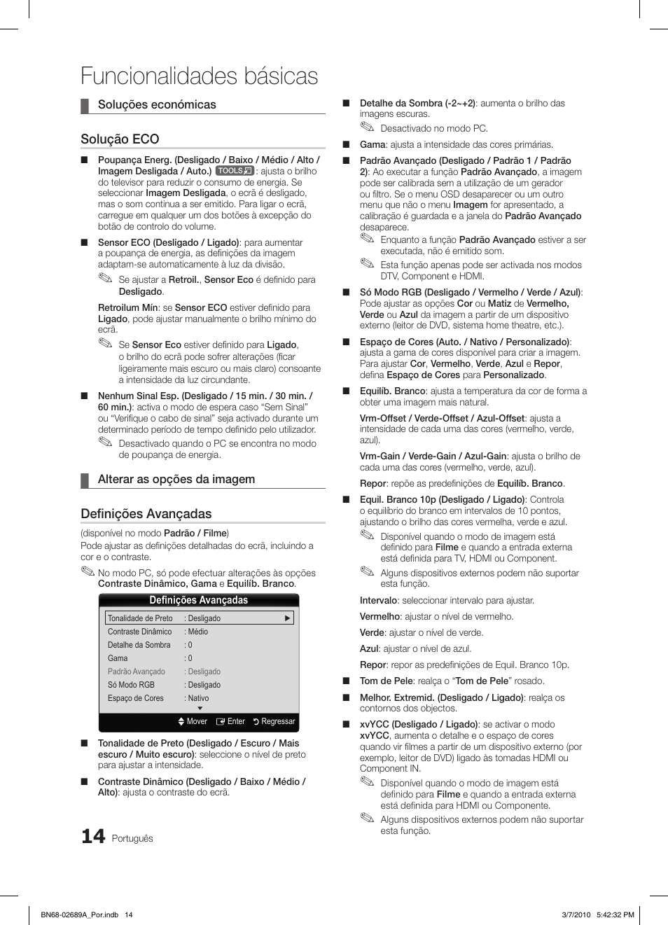 Funcionalidades básicas, Solução eco, Definições avançadas | Samsung LE46C630K1W User Manual | Page 161 / 296