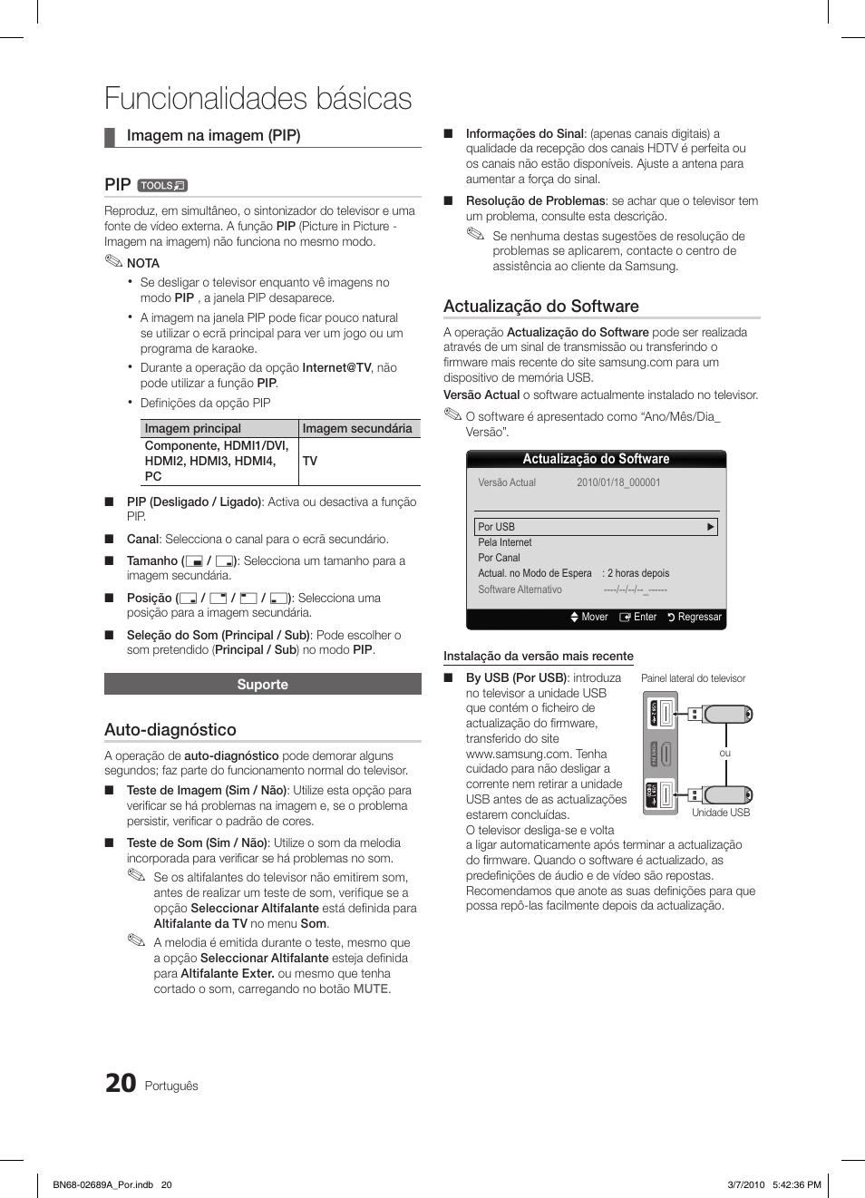 Funcionalidades básicas, Auto-diagnóstico, Actualização do software | Samsung LE46C630K1W User Manual | Page 167 / 296