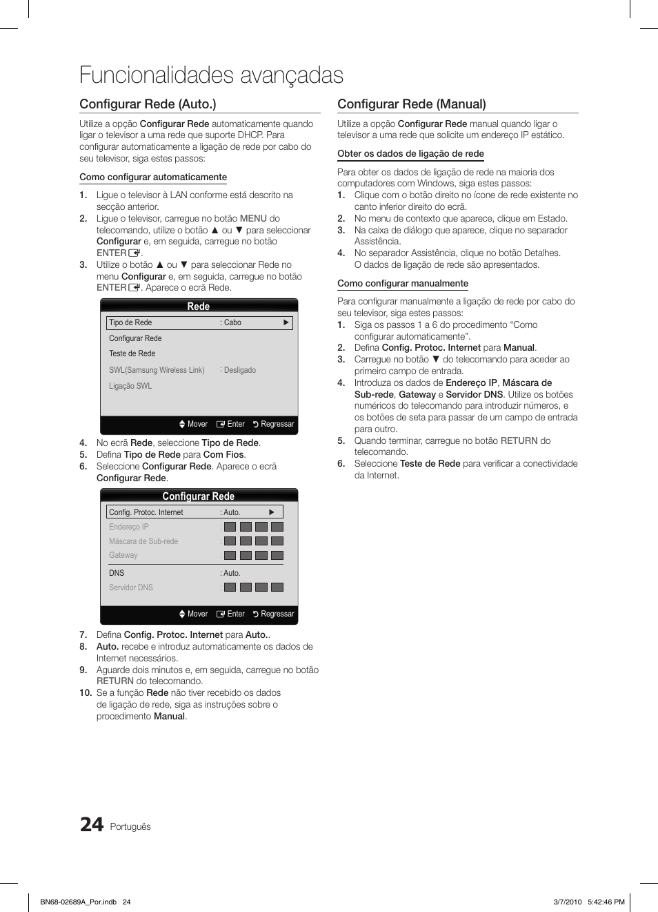 Funcionalidades avançadas, Configurar rede (auto.), Configurar rede (manual) | Samsung LE46C630K1W User Manual | Page 171 / 296