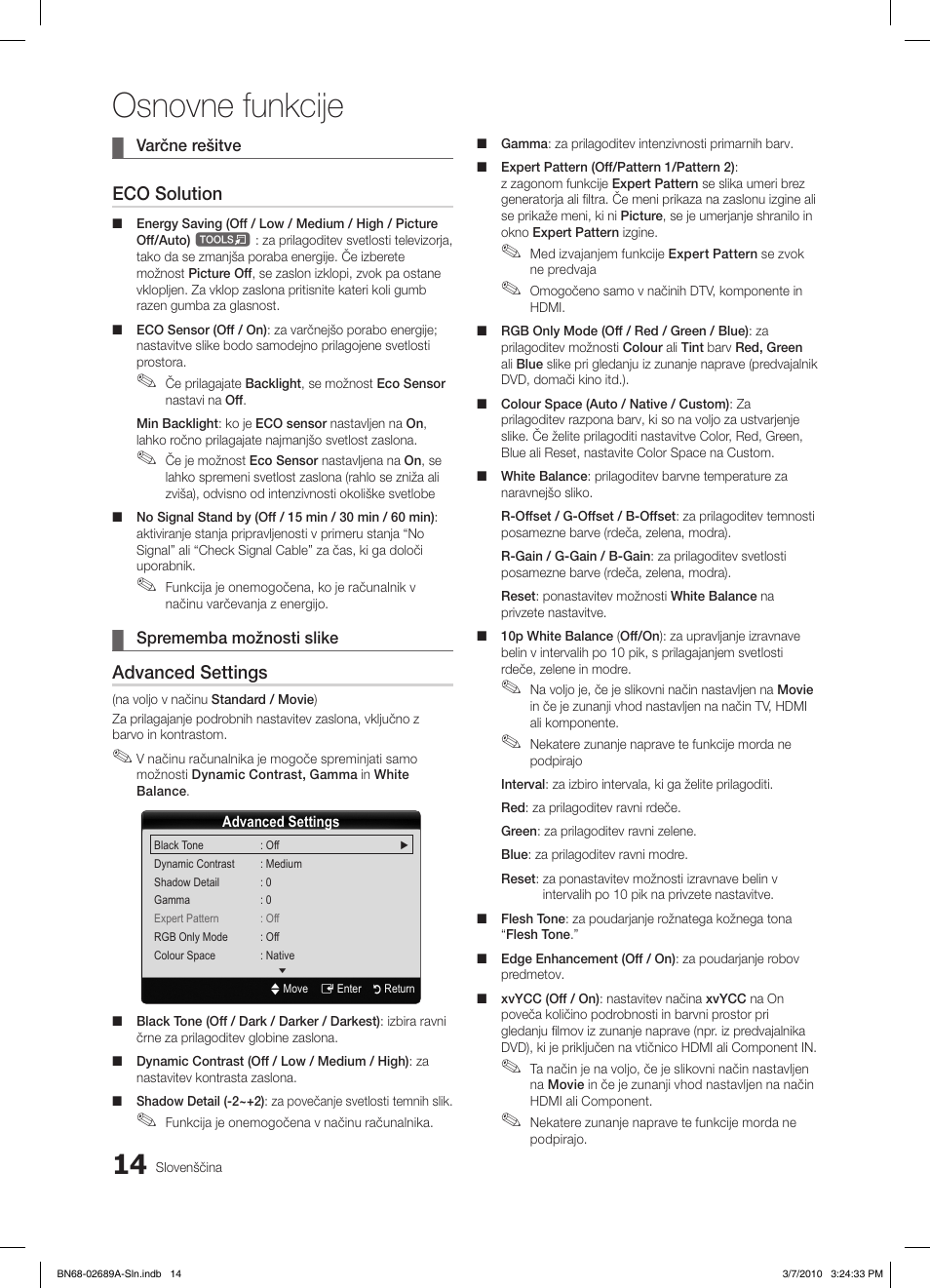 Osnovne funkcije, Eco solution, Advanced settings | Samsung LE46C630K1W User Manual | Page 210 / 296