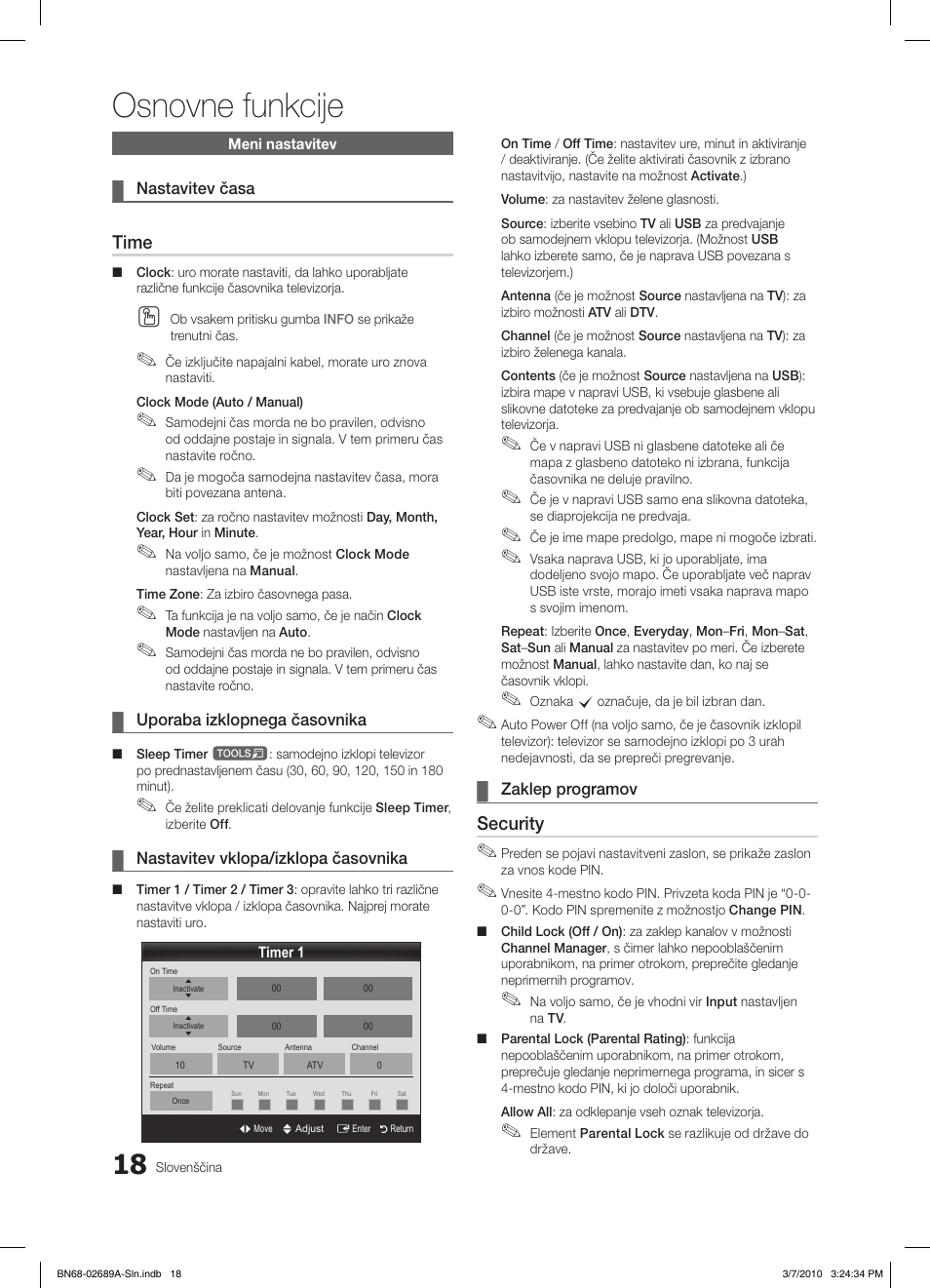 Osnovne funkcije, Time, Security | Samsung LE46C630K1W User Manual | Page 214 / 296