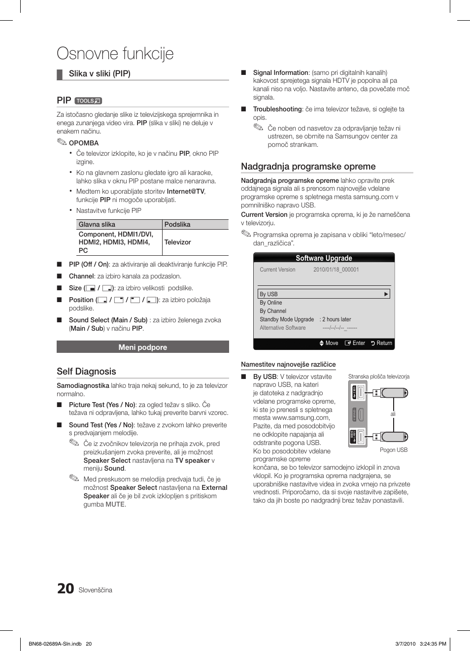 Osnovne funkcije, Self diagnosis, Nadgradnja programske opreme | Samsung LE46C630K1W User Manual | Page 216 / 296