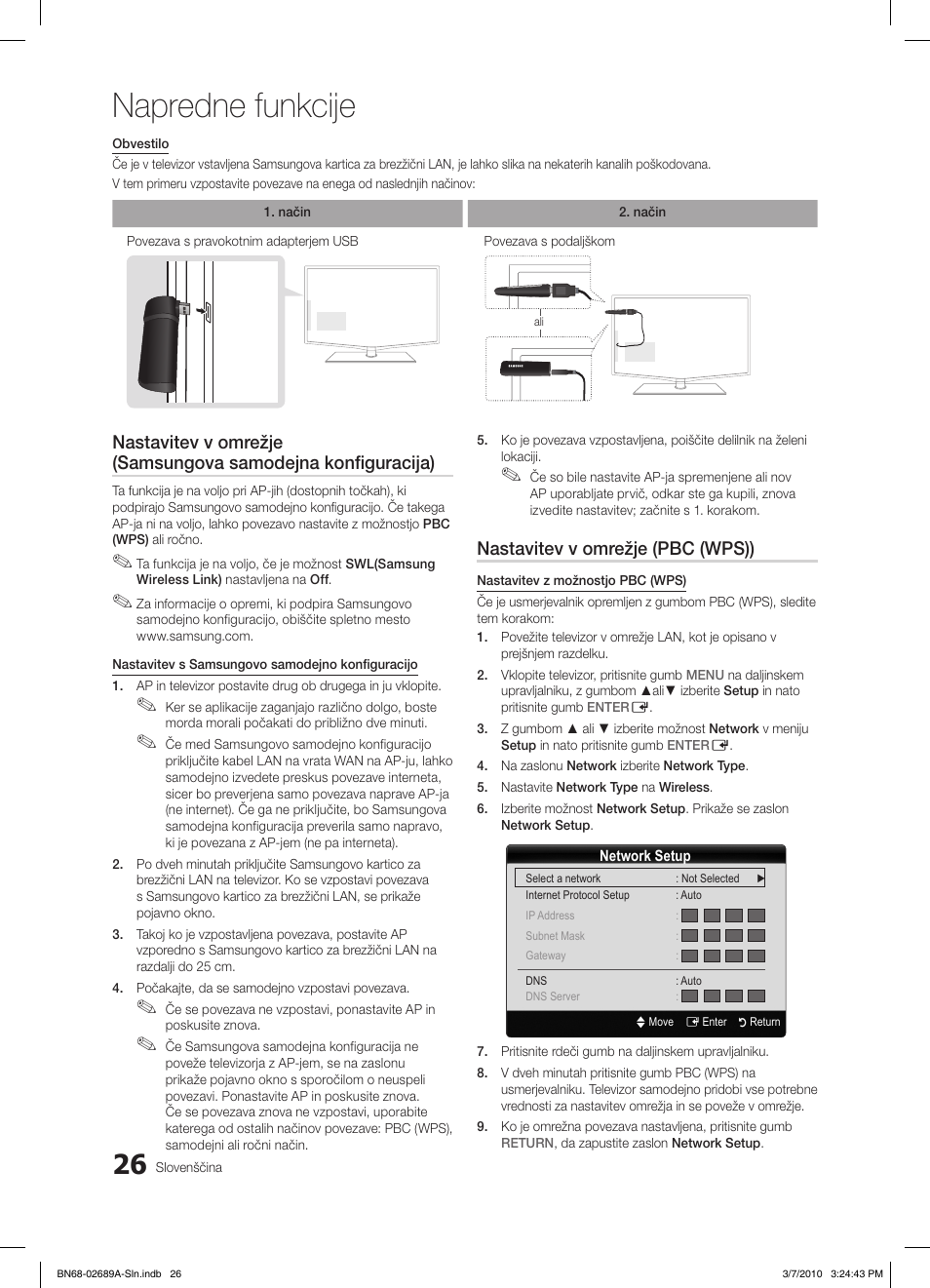 Napredne funkcije, Nastavitev v omrežje (pbc (wps)) | Samsung LE46C630K1W User Manual | Page 222 / 296