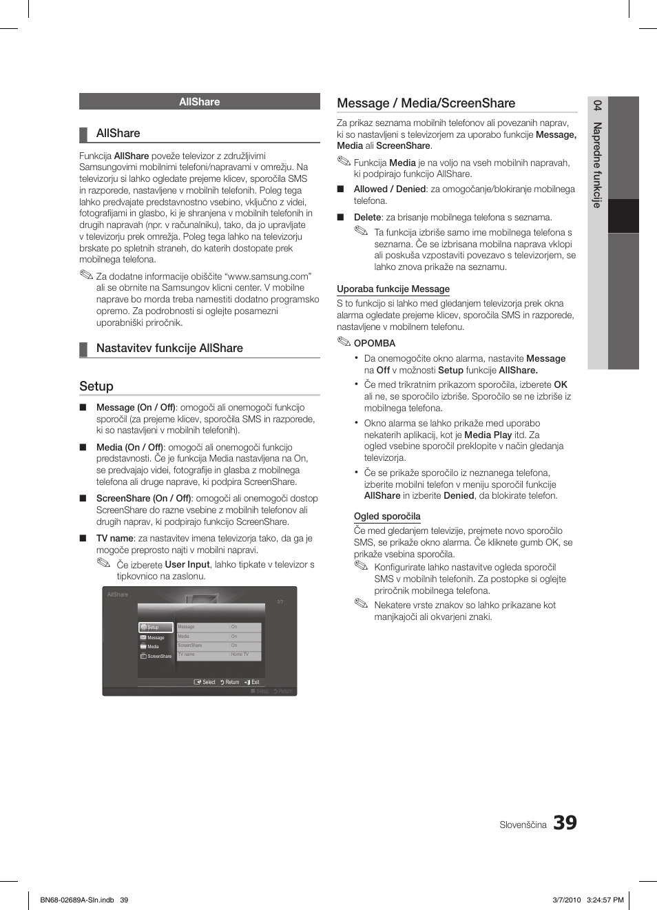 Setup, Message / media/screenshare, Allshare | Nastavitev funkcije allshare | Samsung LE46C630K1W User Manual | Page 235 / 296