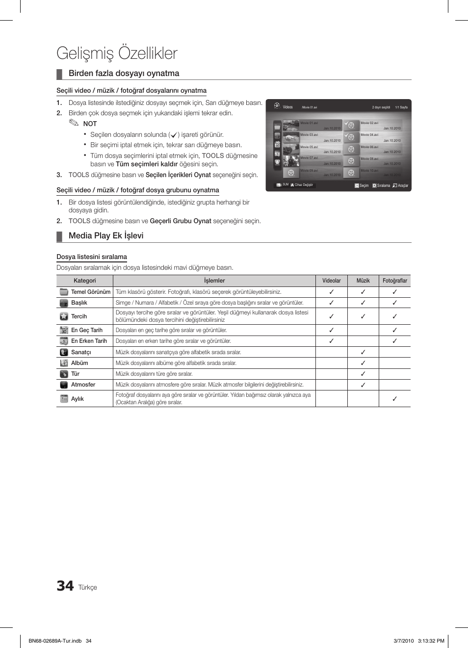 Gelişmiş özellikler, Birden fazla dosyayı oynatma, Media play ek işlevi | Samsung LE46C630K1W User Manual | Page 279 / 296