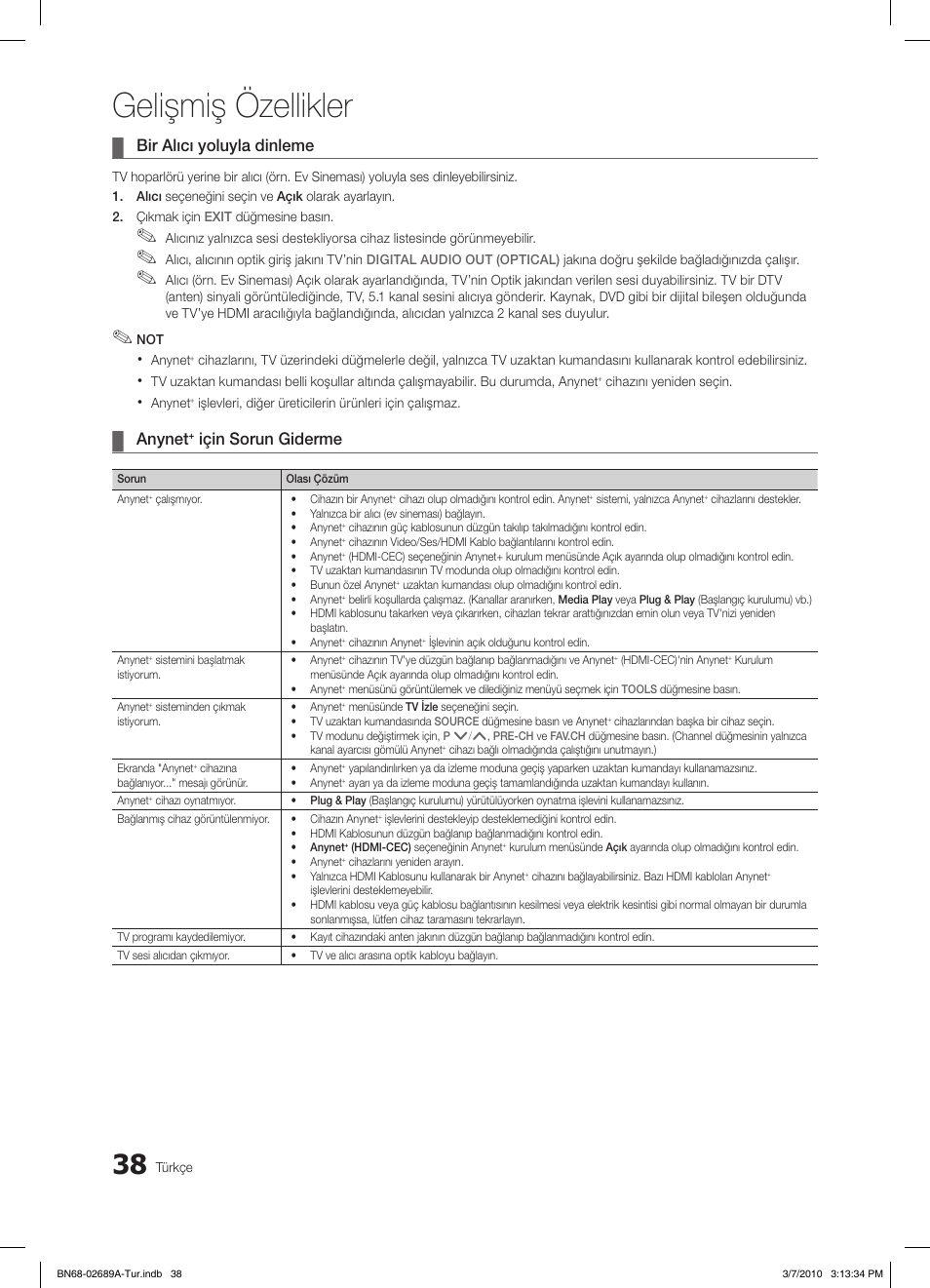 Gelişmiş özellikler, Bir alıcı yoluyla dinleme, Anynet | Için sorun giderme | Samsung LE46C630K1W User Manual | Page 283 / 296