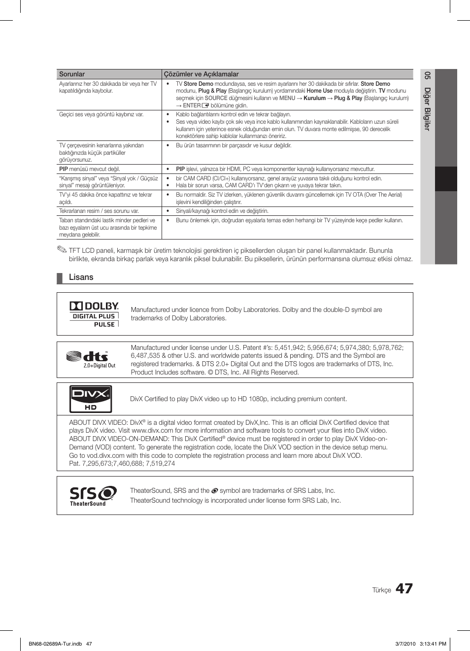 Lisans | Samsung LE46C630K1W User Manual | Page 292 / 296